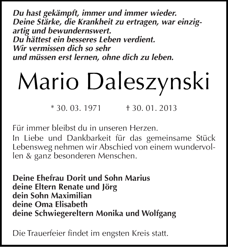  Traueranzeige für Mario Daleszynski vom 09.02.2013 aus Mitteldeutsche Zeitung Quedlinburg