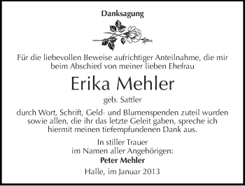 Traueranzeige von Erika Mehler von Mitteldeutsche Zeitung Halle/Saalkreis