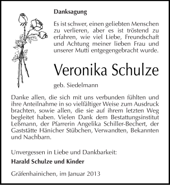 Traueranzeige von Veronika Schulze von Mitteldeutsche Zeitung Wittenberg