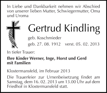 Traueranzeige von Gertrud Kindling von Mitteldeutsche Zeitung Mansfelder Land