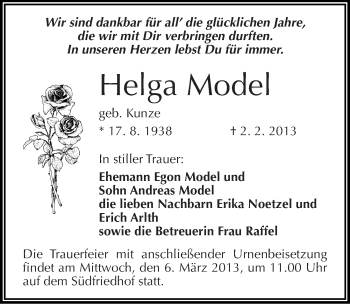 Traueranzeige von Helga Model von Mitteldeutsche Zeitung Halle/Saalkreis