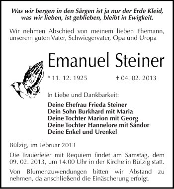 Traueranzeige von Emanuel Steiner von Mitteldeutsche Zeitung Wittenberg