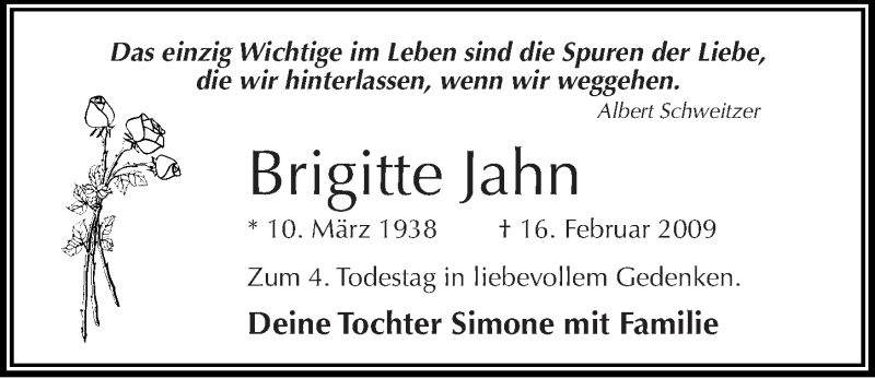  Traueranzeige für Brigitte Jahn vom 16.02.2013 aus Mitteldeutsche Zeitung Halle/Saalkreis