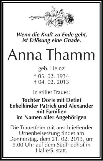 Traueranzeige von Anna Thamm von Mitteldeutsche Zeitung Halle/Saalkreis