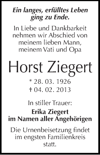 Traueranzeige von Horst Ziegert von Mitteldeutsche Zeitung Halle/Saalkreis
