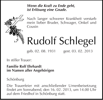 Traueranzeige von Rudolf Schlegel von Mitteldeutsche Zeitung Naumburg/Nebra