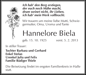 Traueranzeige von Hannelore Biela von Mitteldeutsche Zeitung Merseburg/Querfurt