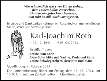 Traueranzeige von Karl-Joachim Roth von Mitteldeutsche Zeitung Quedlinburg