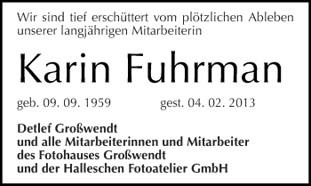 Traueranzeige von Karin Fuhrman von Mitteldeutsche Zeitung Halle/Saalkreis