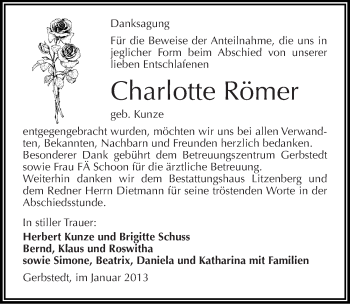 Traueranzeige von Charlotte Römer von Mitteldeutsche Zeitung Mansfelder Land