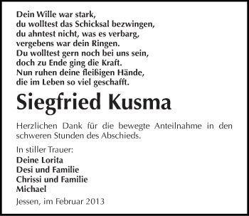 Traueranzeige von Siegfried Kusma von Mitteldeutsche Zeitung Wittenberg