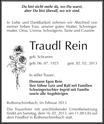 Traueranzeige von Traudl Rein von Mitteldeutsche Zeitung Mansfelder Land