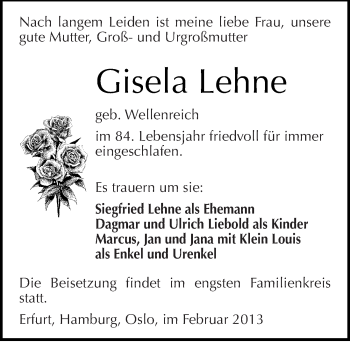 Traueranzeige von Gisela Lehne von Mitteldeutsche Zeitung Sangerhausen