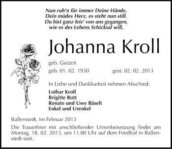 Traueranzeige von Johanna Kroll von Mitteldeutsche Zeitung Quedlinburg