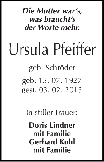 Traueranzeige von Ursula Pfeiffer von Mitteldeutsche Zeitung Halle/Saalkreis