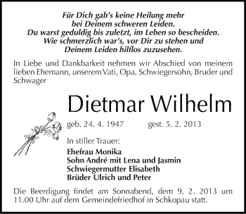 Traueranzeige von Dietmar Wilhelm von Mitteldeutsche Zeitung Merseburg/Querfurt