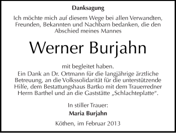 Traueranzeige von Werner Burjahn von Mitteldeutsche Zeitung Köthen