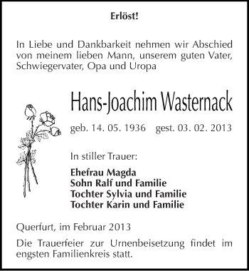 Traueranzeige von Hans-Joachim Wasternack von Mitteldeutsche Zeitung Merseburg/Querfurt