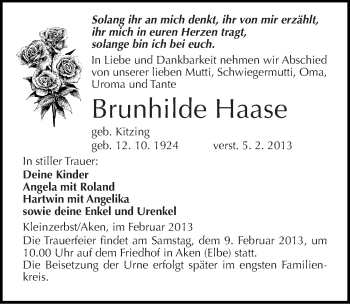 Traueranzeige von Brunhilde Haase von Mitteldeutsche Zeitung Köthen