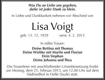 Traueranzeige von Lisa Voigt von Mitteldeutsche Zeitung Halle/Saalkreis