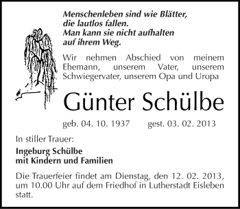 Traueranzeige von Günter Schülbe von Mitteldeutsche Zeitung Mansfelder Land