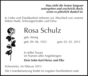 Traueranzeige von Rosa Schulz von Mitteldeutsche Zeitung Wittenberg