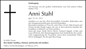 Traueranzeige von Anni Stahl von Mitteldeutsche Zeitung Naumburg/Nebra