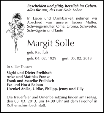 Traueranzeige von Margit Solle von Mitteldeutsche Zeitung Mansfelder Land