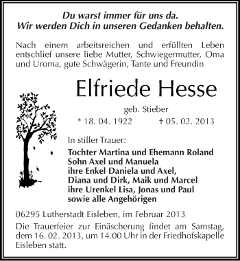 Traueranzeige von Elfriede Hesse von Mitteldeutsche Zeitung Mansfelder Land