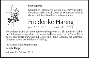 Traueranzeige von Friederike Häring von Mitteldeutsche Zeitung Köthen