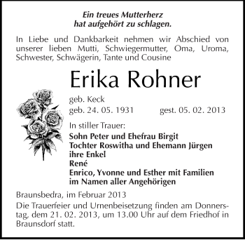 Traueranzeige von Erika Rohner von Mitteldeutsche Zeitung Merseburg/Querfurt
