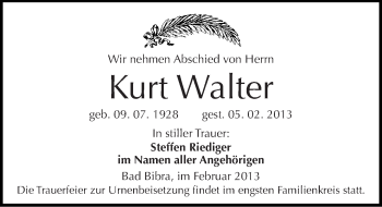 Traueranzeige von Kurt Walter von Mitteldeutsche Zeitung Naumburg/Nebra