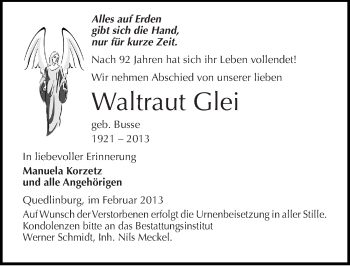Traueranzeige von Waltraut Glei von Mitteldeutsche Zeitung Quedlinburg