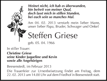 Traueranzeige von Steffen Griese von Mitteldeutsche Zeitung Halle/Saalkreis