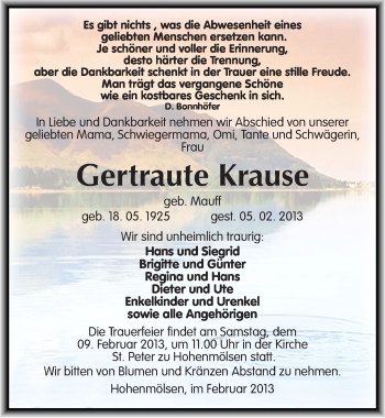 Traueranzeige von Gertraute Krause von Mitteldeutsche Zeitung Weißenfels