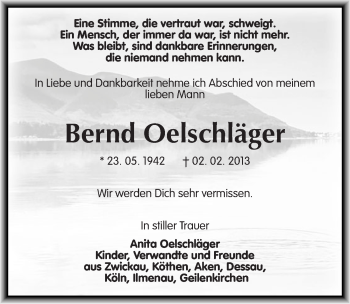 Traueranzeige von Bernd Oelschläger von Mitteldeutsche Zeitung Dessau-Roßlau