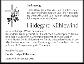Traueranzeige von Hildegard Kühlewind von Mitteldeutsche Zeitung Mansfelder Land