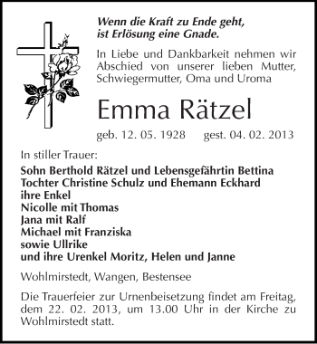 Traueranzeige von Emma Rätzel von Mitteldeutsche Zeitung Naumburg/Nebra