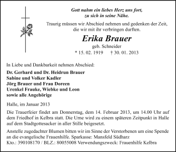 Traueranzeige von Erika Brauer von Mitteldeutsche Zeitung Sangerhausen