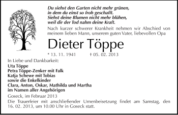 Traueranzeige von Dieter Töppe von Mitteldeutsche Zeitung Naumburg/Nebra