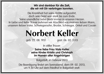 Traueranzeige von Norbert Keller von Mitteldeutsche Zeitung Naumburg/Nebra