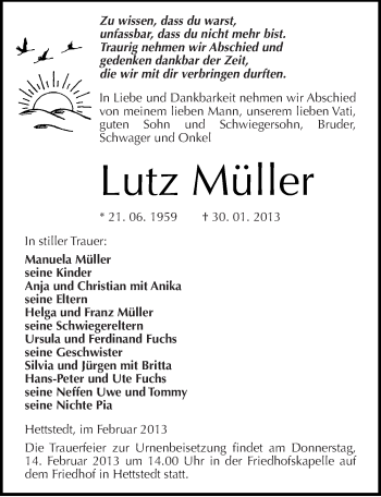 Traueranzeige von Lutz Müller von Mitteldeutsche Zeitung Mansfelder Land