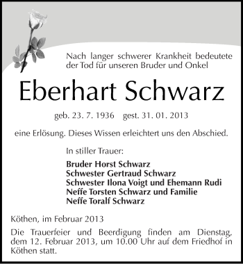 Traueranzeige von Eberhart Schwarz von Mitteldeutsche Zeitung Köthen