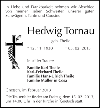 Traueranzeige von Hedwig Tornau von Mitteldeutsche Zeitung Köthen