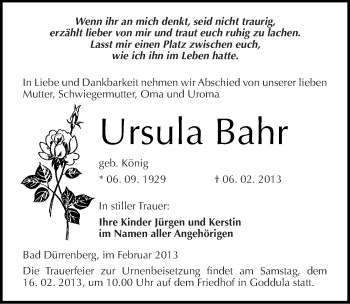 Traueranzeige von Ursula Bahr von Mitteldeutsche Zeitung Merseburg/Querfurt