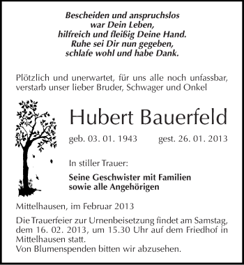 Traueranzeige von Hubert Bauerfeld von Mitteldeutsche Zeitung Sangerhausen