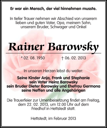 Traueranzeige von Rainer Barowsky von Mitteldeutsche Zeitung Mansfelder Land