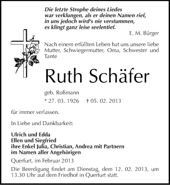 Traueranzeige von Ruth Schäfer von Mitteldeutsche Zeitung Merseburg/Querfurt