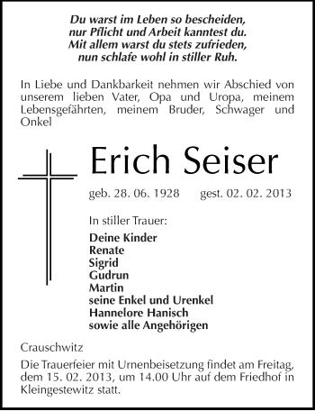 Traueranzeige von Erich Seiser von Mitteldeutsche Zeitung Naumburg/Nebra