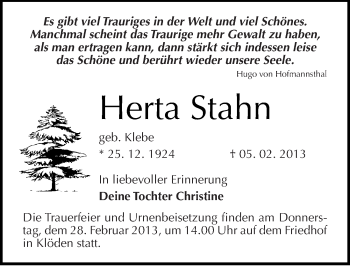 Traueranzeige von Herta Stahn von Mitteldeutsche Zeitung Wittenberg